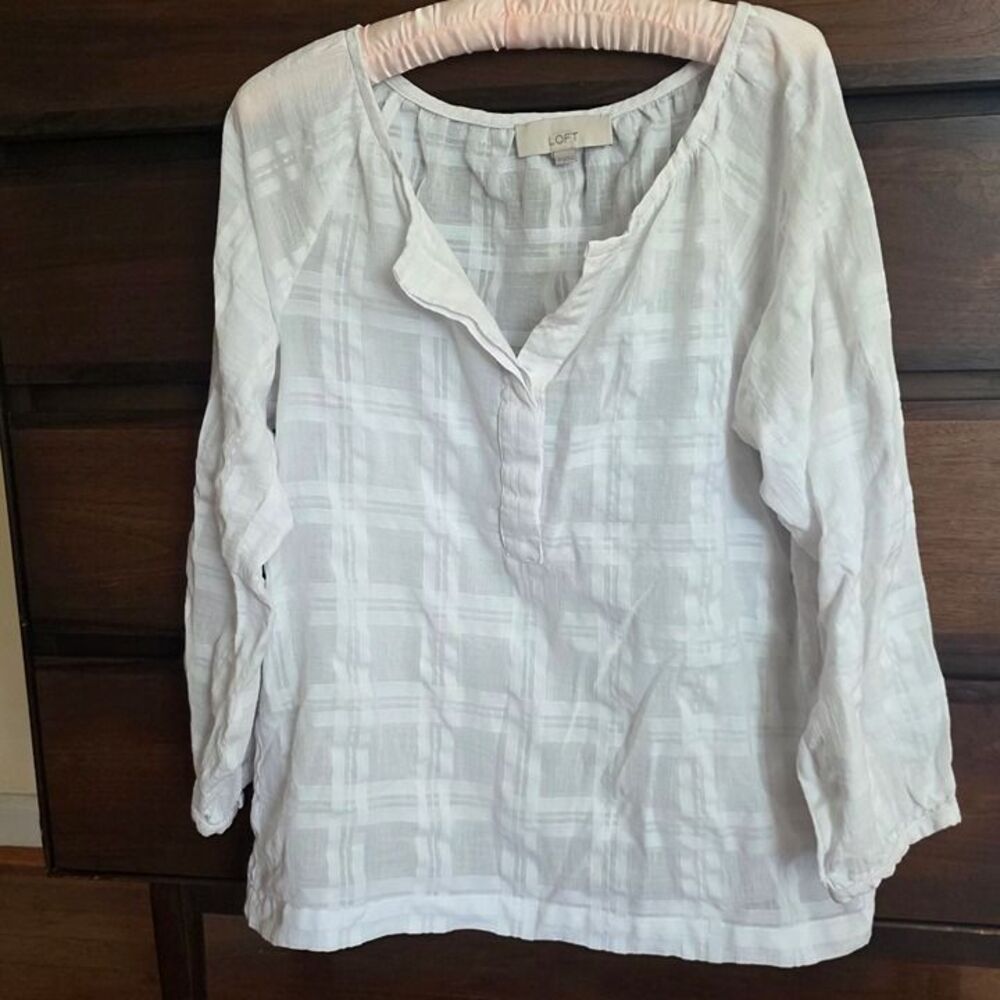 Loft Blouse Sheer White Plaid Windowpane Pattern M Feminine Romantic 3/4 Sleeve